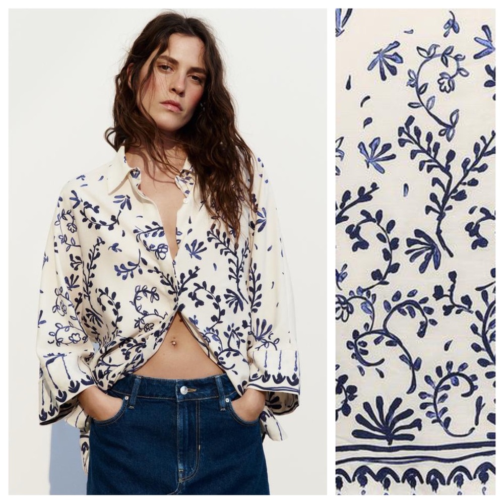 NWT Zara Unbleached Fabric/Blue Viscose Linen Blend Printed Kimono Shirt Size S.